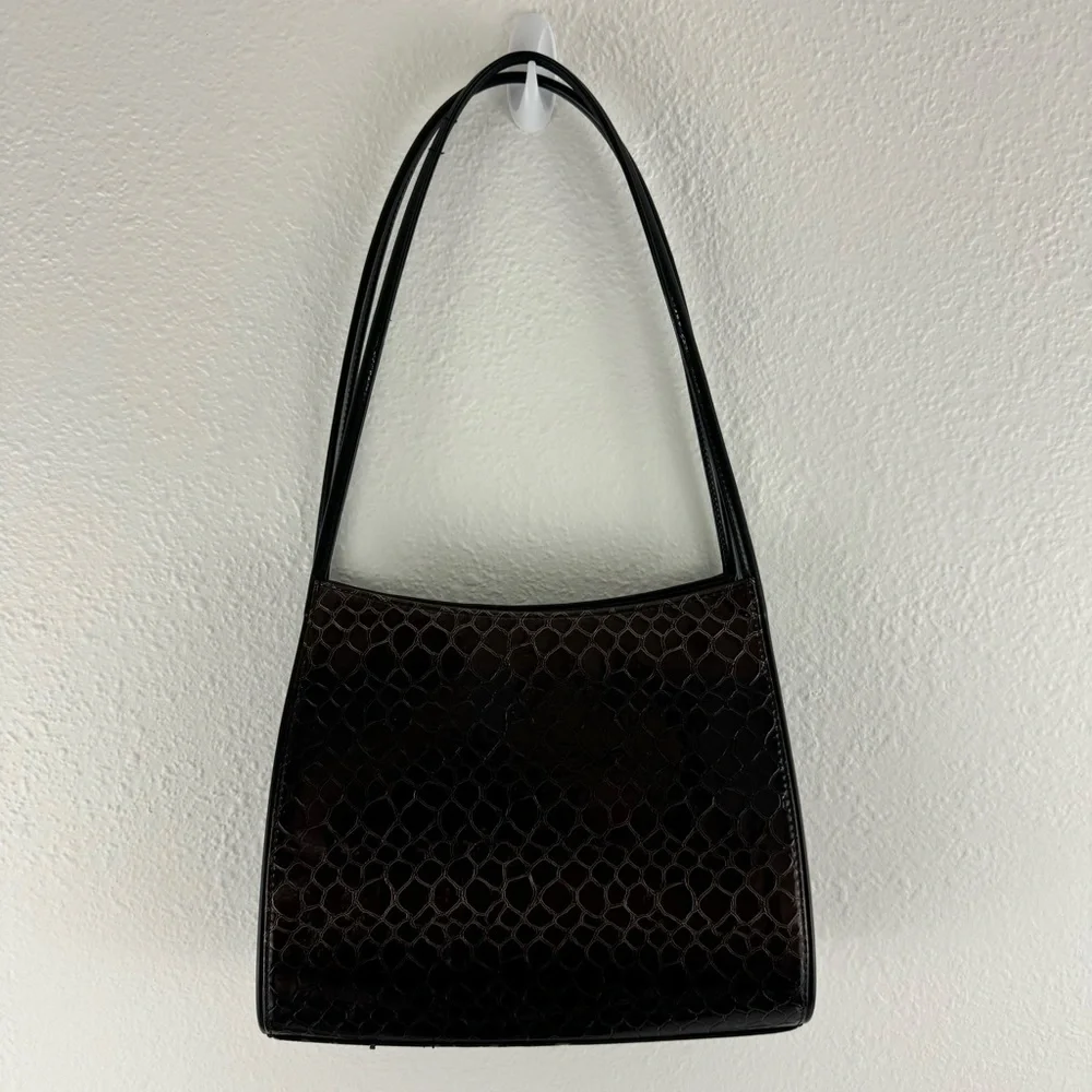 Vintage 90s Black Dark Brown Shiny Faux Leather Croc Embossed Shoulder Bag